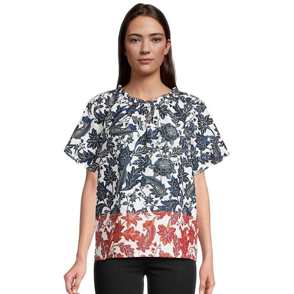 NWT Tommy Hilfiger Cotton White Blue & Red Floral Paisley Short sleeve Blouse L